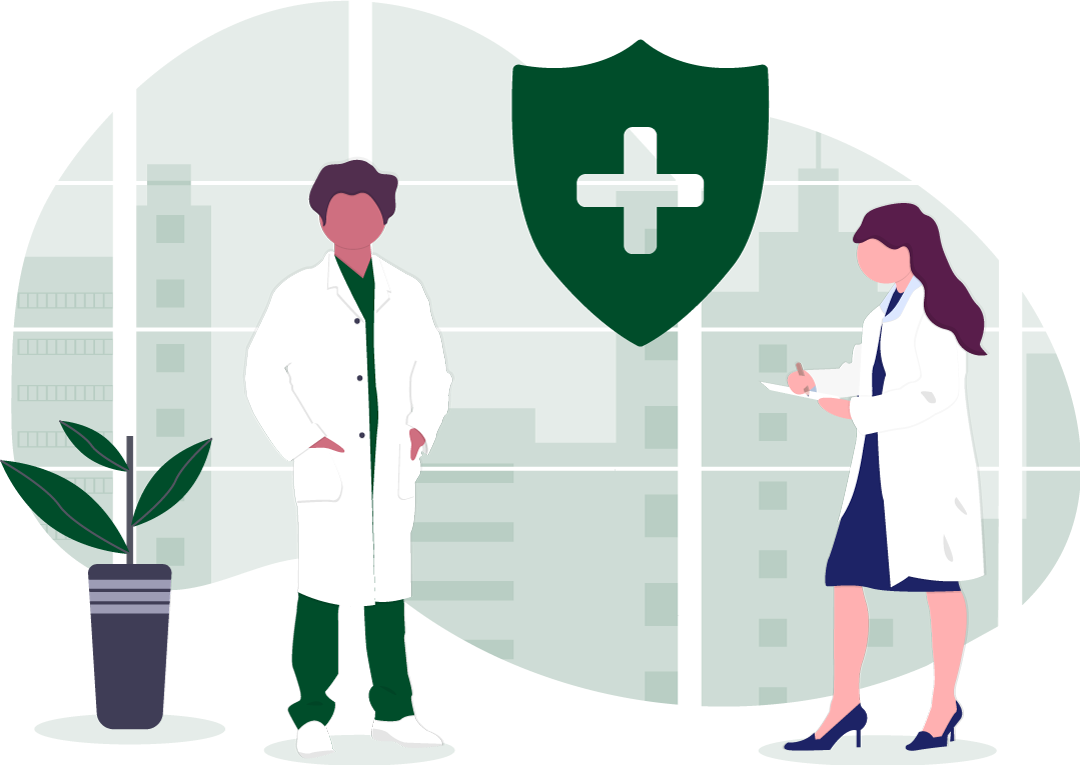 Das Bild zeigt Ärzte vor einem Sicherheitssymbol und dient als Titelbild für das Thema „Ärzte müssen den Datenschutz in ihrer Arztpraxis gewährleisten“.
